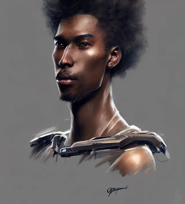 Image similar to portrait of a man by greg rutkowski, he is about 2 5 years old, mixture between afroamerican and japanese, afro hair, geisha tatoos, very tall and slender, he is wearing a futuristic police gear, highly detailed portrait, digital painting, artstation, concept art, smooth, sharp foccus illustration, artstation hq