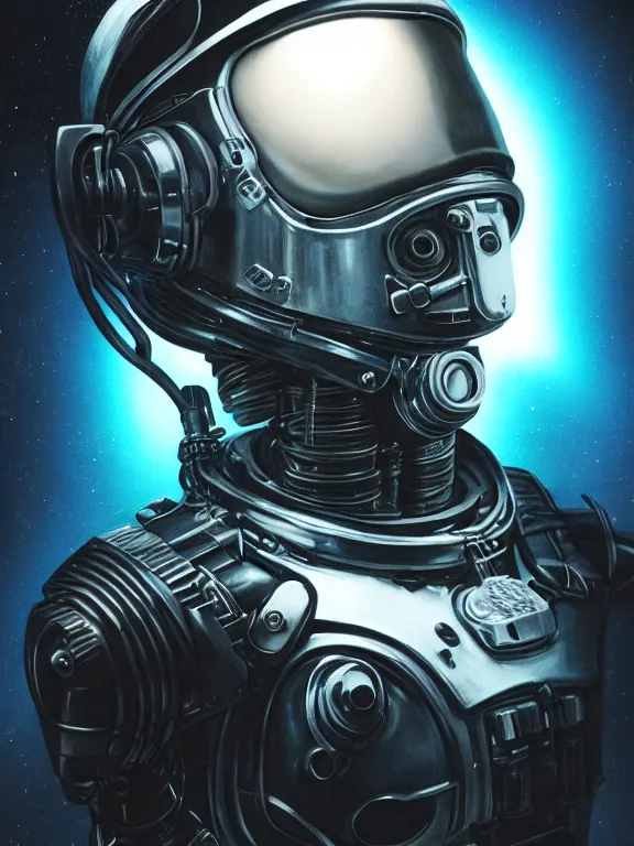 Image similar to portrait art of 8k ultra realistic retro futuristic terminator astronaut helmet, lens flare, atmosphere, glow, detailed,intricate,blade runner, cybernetic, full of colour, cinematic lighting, trending on artstation, 4k, hyperrealistic, focused, extreme details,unreal engine 5, cinematic, masterpiece, art by ayami kojima, giger