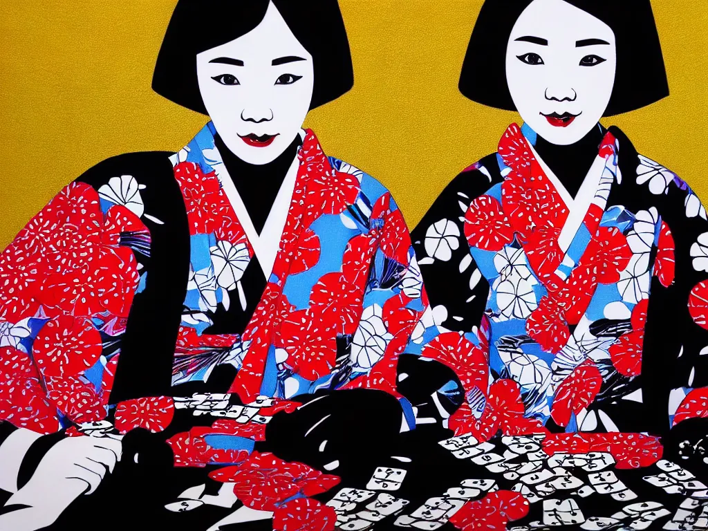 Prompt: hyperrealism composition of the detailed single woman in a japanese kimono sitting at a extremely detailed poker table with darth vader, fireworks, river on the background, pop - art style, jacky tsai style, andy warhol style, acrylic on canvas