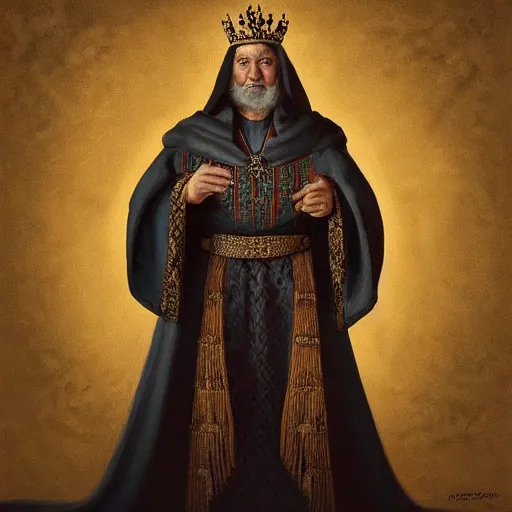 Image similar to “ an oil painting portrait of a hakerman wearing medieval royal robe and an ornate crown on a dark background ” digital art, concept art, highly detailed, 3 - d 4 k, trending on art station, award winning, mark brooks,