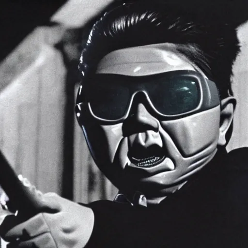 Prompt: a still of Kim Jong-il as Jason Voorhees, north Korean slasher, iconic hockey mask, machete, 35mm film