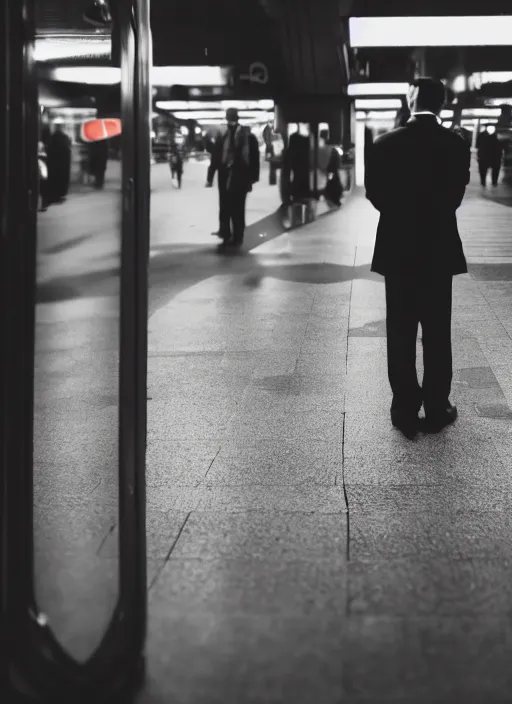 Prompt: a 2 8 mm macro photo from the back of a businessman standing on a subway platform, splash art, movie still, bokeh, canon 5 0 mm, cinematic lighting, dramatic, film, photography, golden hour, depth of field, award - winning, anamorphic lens flare, 8 k, hyper detailed, 3 5 mm film grain