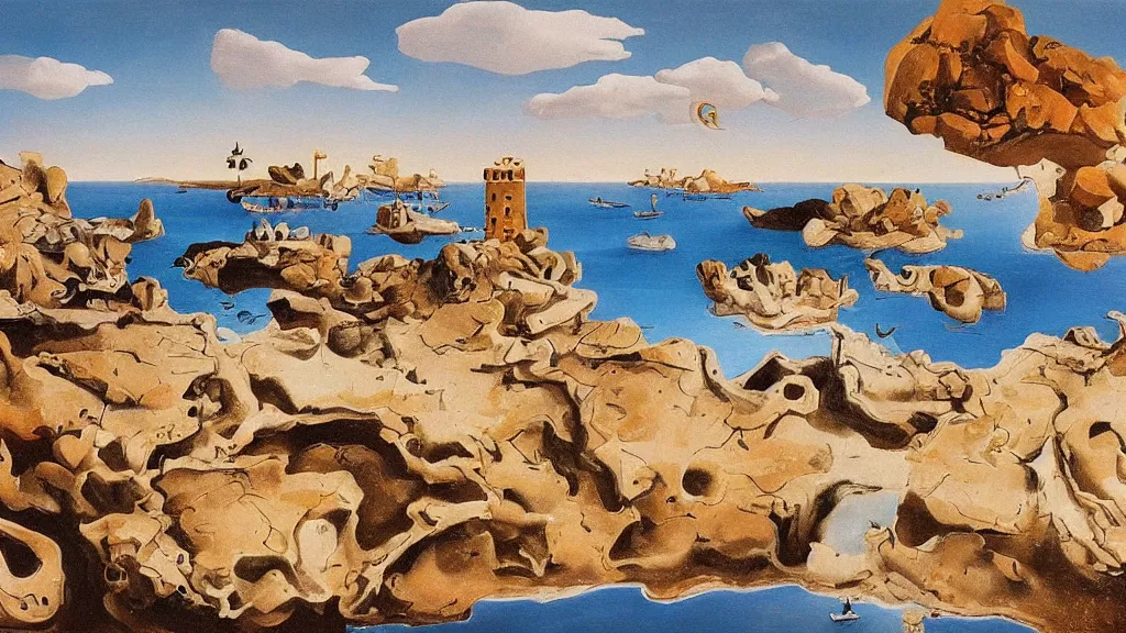 Image similar to High-Quality surrealist painting of Empuries, peaceful, very detailed, oil painting by Salvador Dalí.