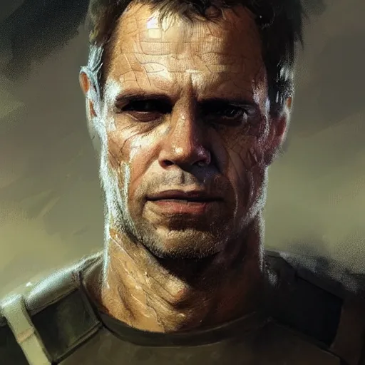 Image similar to portrait of a man by greg rutkowski, he looks like michael biehn, he is wearing a tactical military superhero gear, highly detailed portrait, digital painting, artstation, concept art, smooth, sharp foccus ilustration, artstation hq