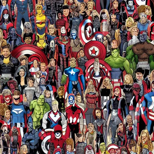 Prompt: marvel mcu where's waldo style book