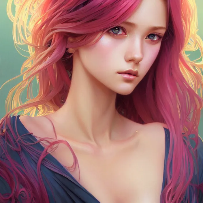 Image similar to portrait of beautiful symmetrical anime girl, rainbow hair, attractive, casual, modern, victoria's secret, highly detailed, digital painting, artstation, concept art, smooth, sharp focus, illustration, art by artgerm, greg rutkowski and alphonse mucha, 8 k,