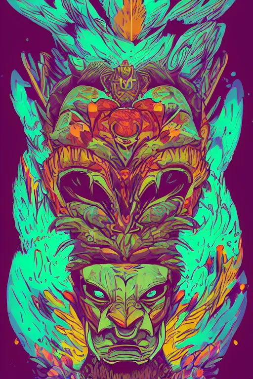 Image similar to totem animal mask tribal feather gemstone plant wood rock shaman vodoo video game vector illustration vivid multicolor borderlands comics by josan gonzales and dan mumford radiating a glowing aura