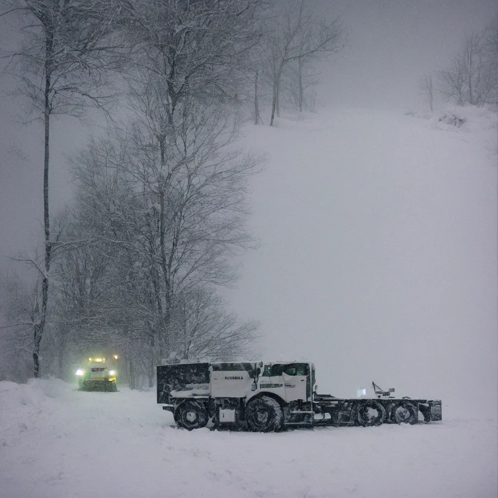 Image similar to photo, big snow plow truck is in the distance with a bright headlighta. cold color temperature, snow storm. hazy atmosphere. humidity haze. kodak ektachrome, greenish expired film, award winning, low contrast,