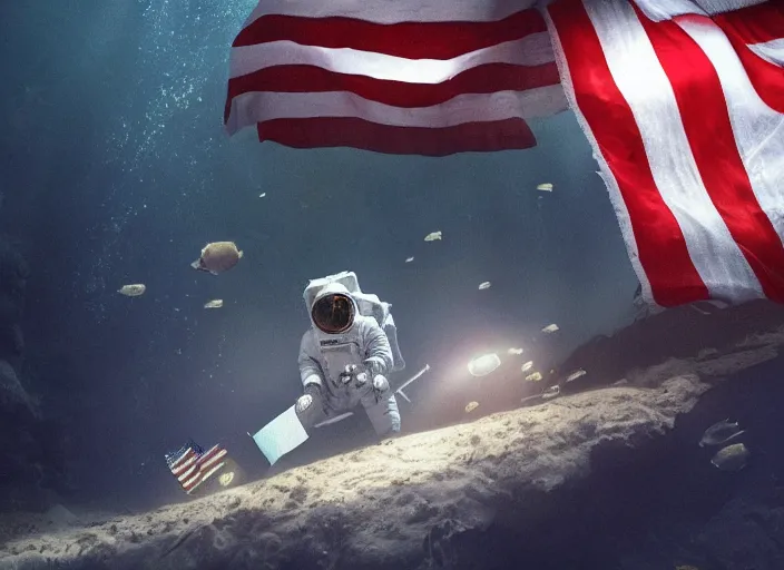 Image similar to astronaut underwater putting a flag in the sand of the bottom of the ocean. the only source of light is a submarine in the distance. dark, concept art, cinematic, dramatic, atmospheric, 8 k, trending on artstation, low visibility, zack snyder