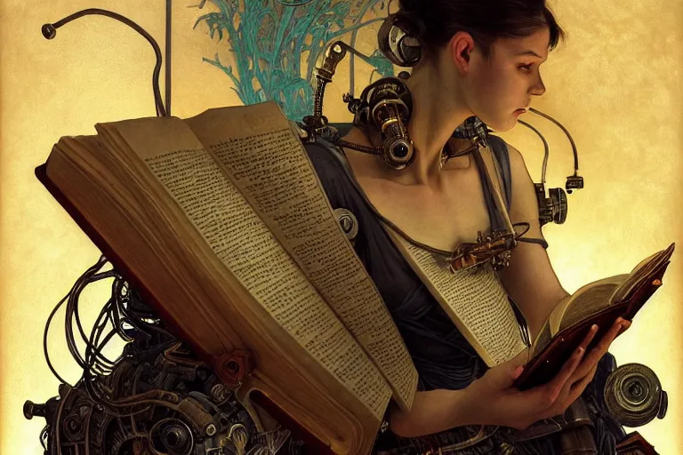 Prompt: a portrait of a cyborg reading from an old book with a leather cover, fantasy, sci-fi, intricate, elegant, dramatic lighting, highly detailed, lifelike, photorealistic, digital painting, artstation, concept art, smooth, sharp focus, illustration, art by John Blanche and Paul Dainton and Darren Tan and Pierre Loyvet and Alphonse Mucha