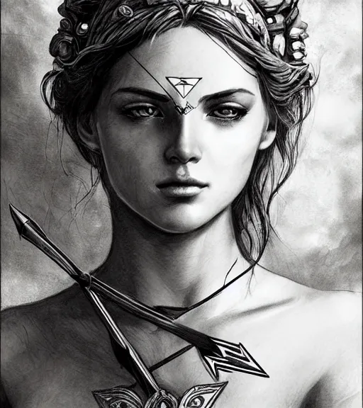 Image similar to beautiful aphrodite goddess wearing an arrow on her head, realistic face, beautiful eyes, black and white drawing, in the style of greg rutkowski, fantasy, amazing detail, epic, intricate, elegant, smooth, sharp focus