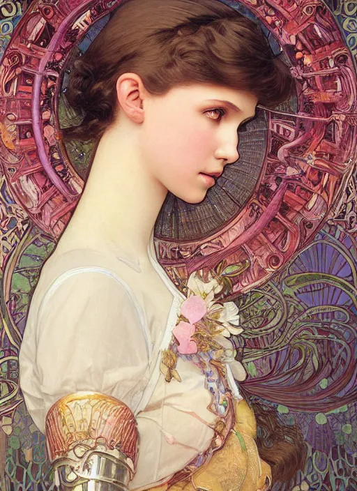 Prompt: realistic detailed painting of a 1 6 - year old girl who resembles millie bobby brown and natalie portman with a shy, blushing, coy expression wearing intricate, detailed, iridescent art nouveau armor by alphonse mucha, ayami kojima amano, charlie bowater, karol bak, greg hildebrandt
