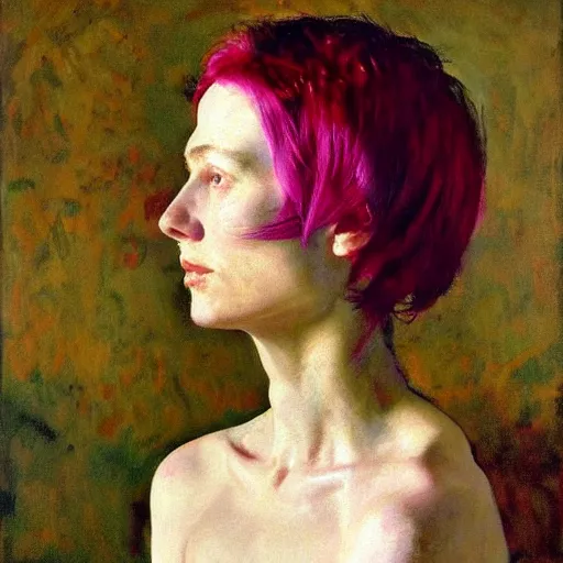 Prompt: A stunning masterful portrait of a striking cryptopunk woman with short pink hair and high cheek bones by Andrew Wyeth, John Singer Sargent, and Norman Rockwell, natural light, oil painting, ethereal, earth tones, strong brushwork