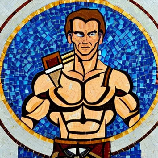 Image similar to ancient greek mosaic of arnold schwarzenegger as link from zelda