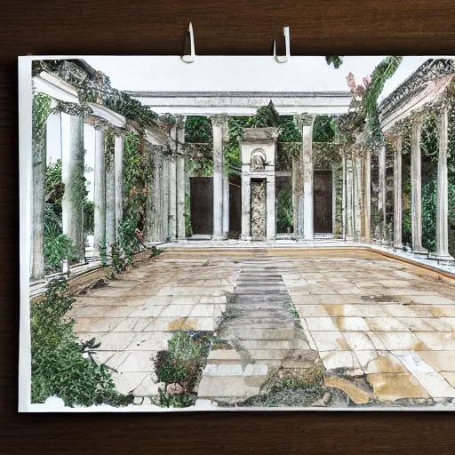 Image similar to delicate marble garden on paper, stony, puffy, botanical herbarium, botanic watercolors, iridescent, 8 k wide angle, realistic shaded, fine details, artstation, italian, colonnade, oak tree, pinecone, pomegranade, hydrangea, vines, gardena architecture, pompeii