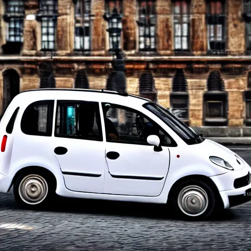 Image similar to a photo of an ugly fiat multipla on a very narrorw busy street