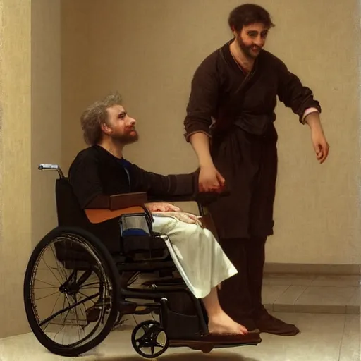 Image similar to a male patient in a wheelchair in the hospital with his wife and son standing by. happy, cheerful, intricate, sharp focus, artstation, cinematic, 8 k, by william adolphe bouguereau