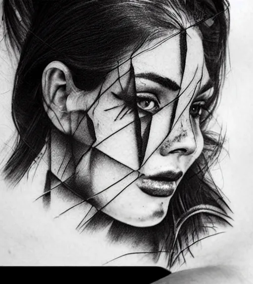 Image similar to double exposure of a hyper realistic mountain scenery with a beautiful woman face, tattoo design sketch, in the style of matteo pasqualin, hyper - realistic, amazing detail, black and white