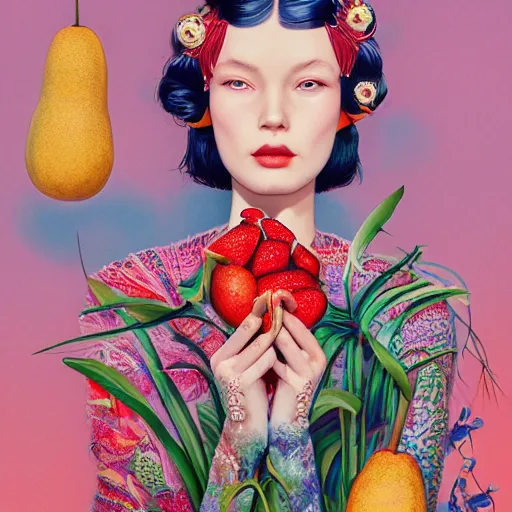 Image similar to pretty model with fruit : : by martine johanna and simon stalenhag and chie yoshii and casey weldon and wlop : : ornate, dynamic, particulate, rich colors, intricate, elegant, highly detailed, vogue, harper's bazaar art, fashion magazine, smooth, sharp focus, 8 k, octane render