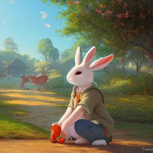 Prompt: A rabbit looking at a perfect carrot in ground, over-the-shoulder shot, extra detailed, digital illustration, by Makoto Shinkai and thomas kinkade, digital painting, Matte painting, trending on artstation and unreal engine