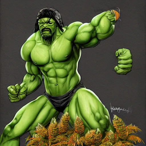 Image similar to snoop dog as hulk fights giant ganja plant, highly detailed, concept art, art by wlop and artgerm and greg rutkowski, masterpiece, trending on artstation, 8 k