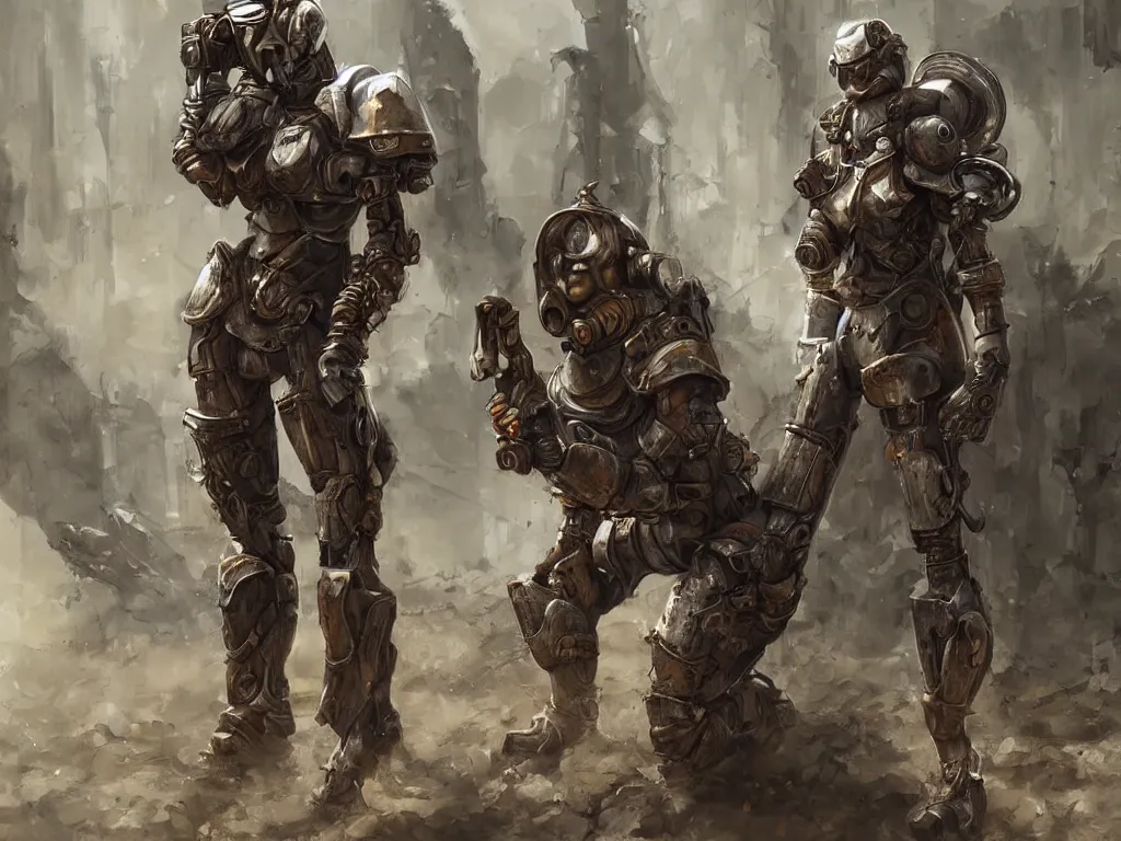 Prompt: one futuristic female paladin in rusty power armor kneeling, post - apocalyptic, highly detailed painting, wlop