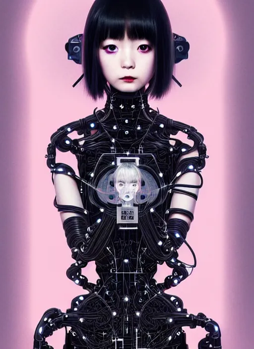 Prompt: kanna hashimoto as a absurdly beautiful cyborg, wearing a black dress, graceful, sophisticated, complex wiring and circuits, tarot card, highly detailed, digital painting, intricate linework, porcelain skin, octane rendered, sharp focus, ultra realistic, 8 k, art by artgerm, kim jung gi