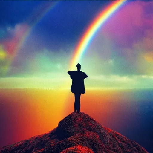 Image similar to a man standing on top of a hill under a rainbow, a matte painting by Gabriel Dawe, trending on pexels, psychedelic art, iridescent, sense of awe, psychedelic