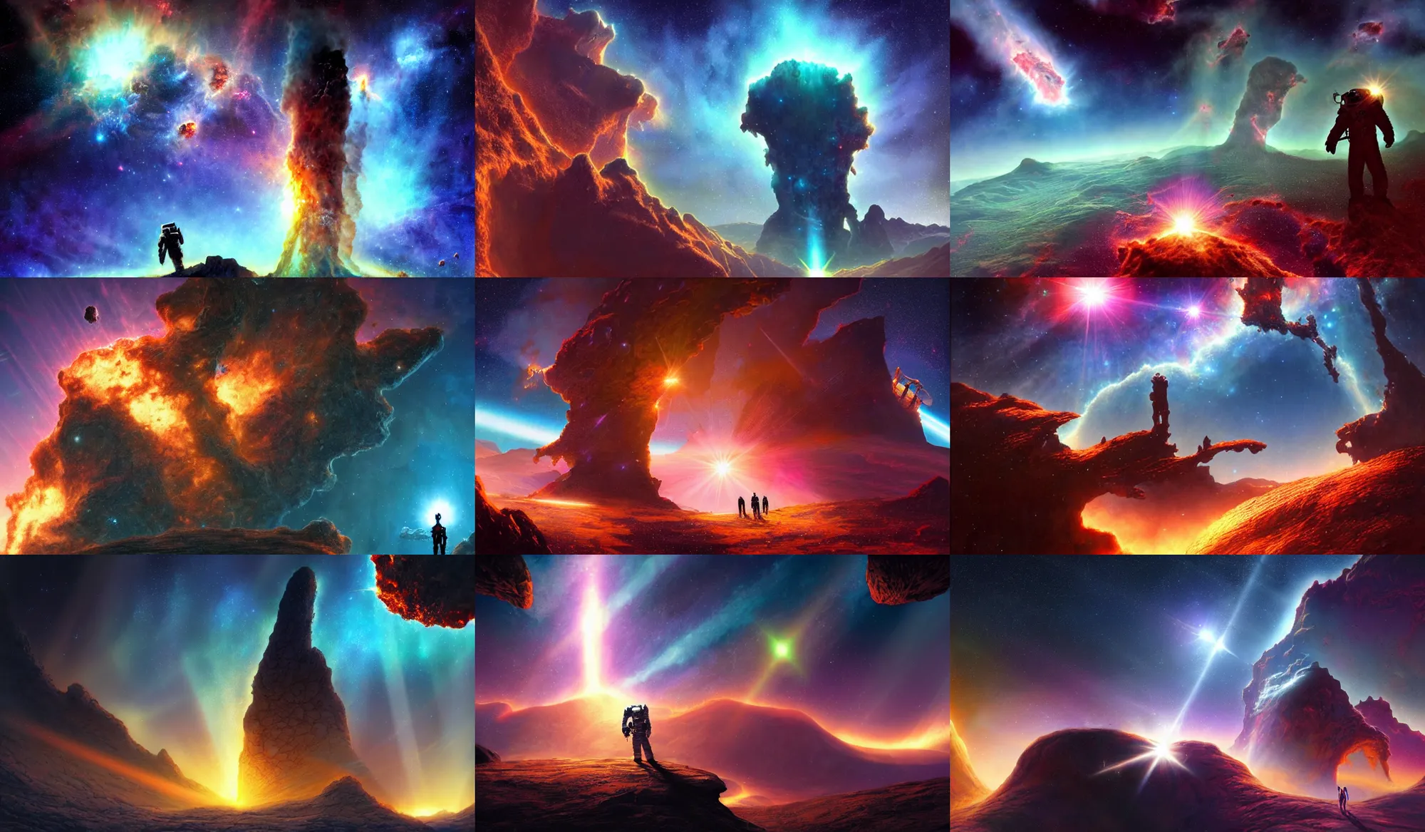 Prompt: astronaut silhouette on a mountain on beautiful alien world, laser beams shooting by, pillars of creation nebula in background, starfield in background, style of Tyler Edlin, style of Tim White