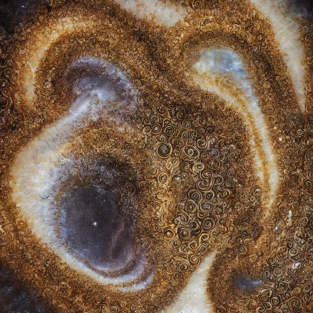 Prompt: fractured galaxy spiral seashells, cyclone seahorse ivory sculpture, detailed fractal patterns, macrophotography, ochre and umber powders, encrusted with dark opals and gold, hyper realistic intricate and complex, fine art photography, trending