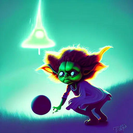 Image similar to curled perspective digital art of curly brown hair baby girl playing ball with yoda by anton fadeev from nightmare before christmas