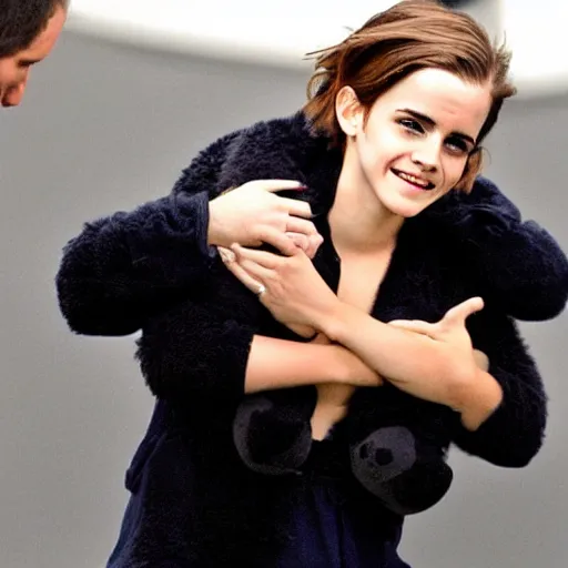 Image similar to emma watson putting a bear in a sleeper hold