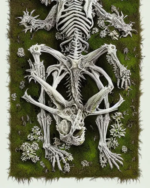 Prompt: white dragon skeleton covered in moss and flowers, intricate details, hyperrealistic, hr giger