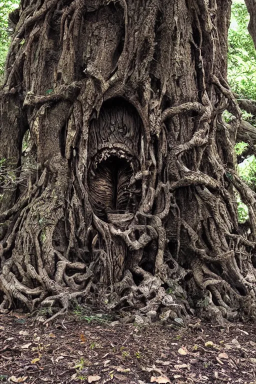 Prompt: a portal to the underworld embedded in a big gnarly tree