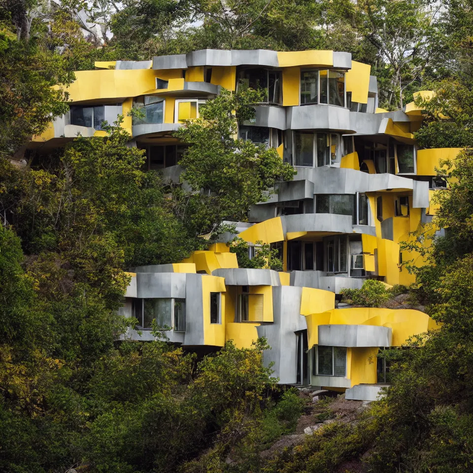 Image similar to a mid-century modern house on a cliff, designed by Frank Gehry. Big tiles. Small wooden pathway . Film grain, cinematic, yellow hue