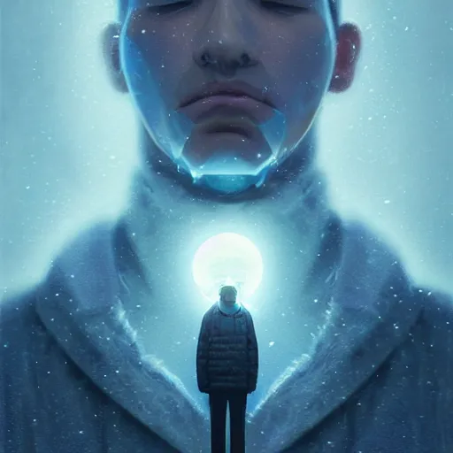 Prompt: 3 d, sci - fi, close - up, winter, man esthete with disgust face, moon rays, cinematic, fog, multiple exposure, blue mood, vogue cover style, poster art, intricate oil painting, high detail illustration, figurative art, poster art, by tooth wu and wlop and beeple and greg rutkowski