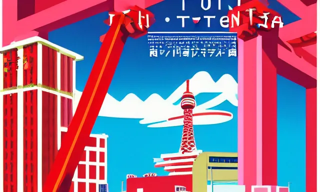 Image similar to Japan Tsutenkaku Tower, a poster design for a contemporary graphic design exhibition, by Wes Anderson, KAWS, open negative space, clean color and neon fluorescent airbrush accents graphic design volumetric octane render