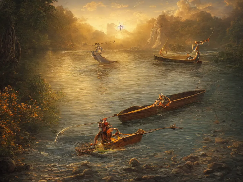 Image similar to simple retro robot, fishing in a wooden canoe, whimsical, highly detailed, michael cheval, peter mohrbacher, boris vallejo, jessica rossier, oil painting, highly detailed, cinematic lighting, tilt shift, golden hour