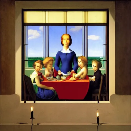 Image similar to A brillaint rendition of a family supper by Raphael, Hopper, and Rene Magritte. detailed, romantic, enchanting, trending on artstation.