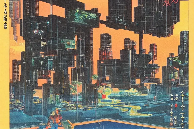 Prompt: 1 9 7 9 omni cover of a japanese park surrounded by a tall defense wall in the middle of neo - tokyo. art in cyberpunk style by dali, and vincent di fate