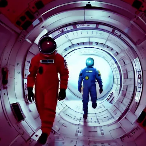 Prompt: realistic cinematography of two smart looking actors wearing space station suits walking through a space craft passageway, red warning lights,