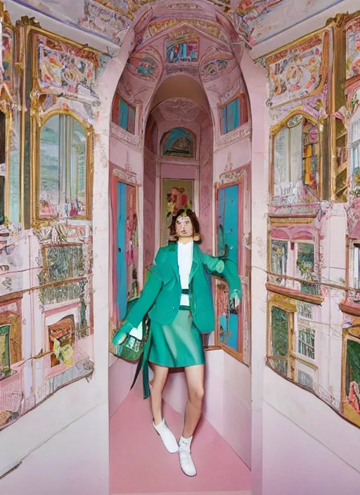 Prompt: a beautiful girl in a gucci outfit is manifesting a new city, mini magic city, hidden doors with secret surprises, magical details, high detail, 8 k, perfect faces, photographed by maurizio cattelan and pierpaolo ferrari, and petra collins