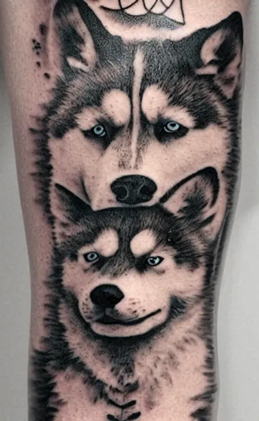 Prompt: a tattoo of a husky dog, detailed, tattoo,