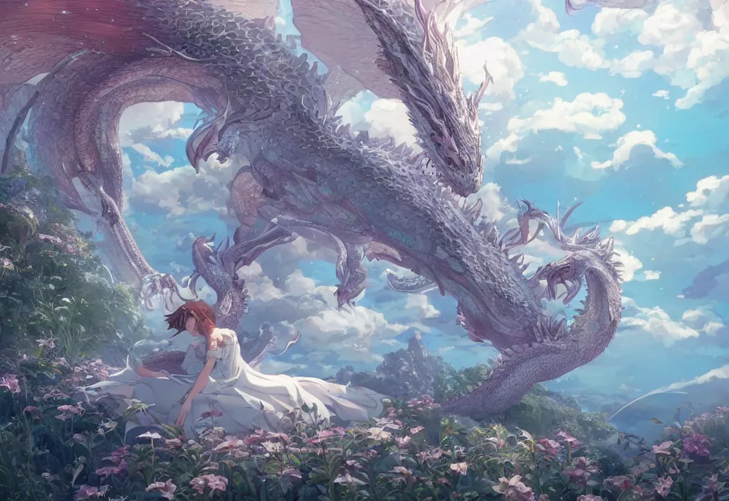 Image similar to the beautiful hyper detailed scene render that a lonely beautiful girl lies in the arms of a huge silver dragon alone in the fairyland surrounded by white clouds, in the style of makoto shinkai victo ngai and peter mohrbacher studio ghibli artgerm karol bak beeple, animation style, 8 k hd, dream, ultra wide angle, animation style