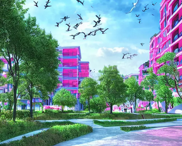 Prompt: turkey! - hungary! khaganate in 2 0 3 3 year, with futuristic! buildings, with pink! and green! trees around buildings, highly detailed digital art