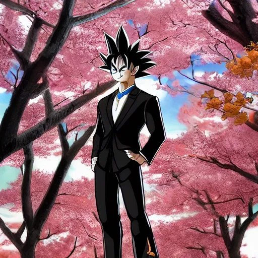 Prompt: highly detailed photo of goku wearing black tuxedo standing in front of sakura trees, anime concept art, symmetrical face, smiling, clear nose, highly detailed, 8 k