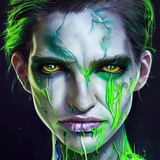 Image similar to a Demon Slayer portrait of Jamie Tovell, tall, pale-skinned, slender with lime green eyes and long eyelashes by Stanley Artgerm, Tom Bagshaw, Arthur Adams, Carne Griffiths, trending on Deviant Art, street art, face enhance, chillwave, maximalist, full of color, glittering