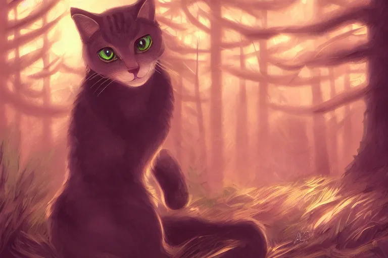 Image similar to cat in the forest, warm lighting, digital art, trending on artstation, fanart, by kawacy