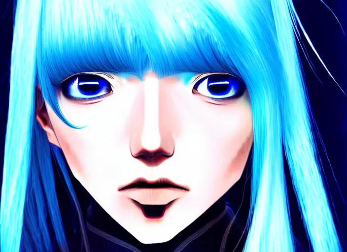 Image similar to full face shot of rimuru tempest, sky blue straight hair, long bangs, with amber eyes, wearing a black jacket, high collar, ultra detailed, concept art, award winning photography, digital painting, cinematic, wlop artstation, closeup, pixiv, evil, yoshitaka amano, andy warhol, ilya kuvshinov,