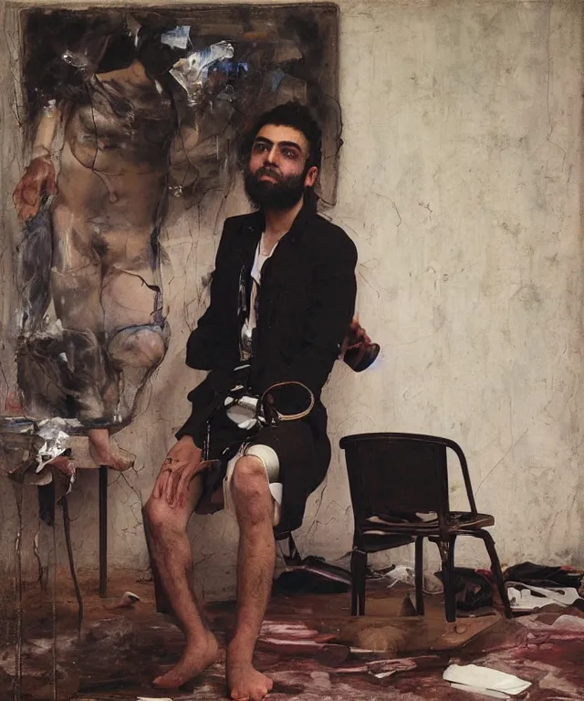 Image similar to a color photograph of persian young man in his workplace, by nan goldin, painted over by jenny saville, out of place, intense, bold, exaggerated, over proportion, hyperrealistic, ultra sharp, extra details, ultra high quality,